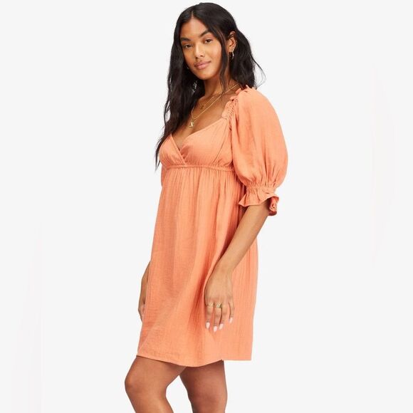 NEW Billabong Perfect Paradise Dress Chic Coral Mini Dress with Puff Sleeves S - Picture 13 of 13